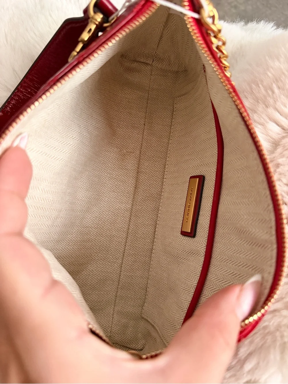 Tory Burch Red Quilted Patent Leather Crossbody Bag with Gold Hardware